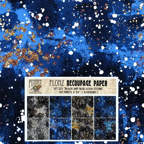 Decoupage - Paquete de papel (24 hojas de 6 x 6 pulgadas), color negro y azul, color negro y azul, papel con patrón Art Deco sin costuras para