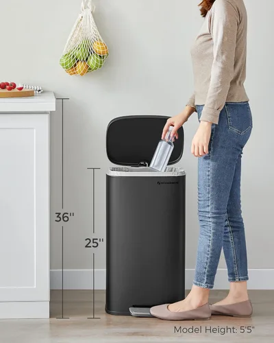 Miniatura 8 de SONGMICS Bote de basura con tapa, cubo de basura de 8 galones, cubo de basura pequeño de acero inoxidable con pedal escalonado y cubo interior, Negro