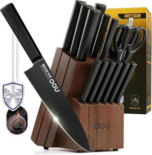 Miniatura 8 de OOU - Juego de bloque de cuchillos de cocina - 15 piezas de cuchillos de chef de acero inoxidable de alto carbono, juego de cuchillos negros