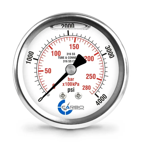 Miniatura 24 de Medidor de presión relleno de líquido de 300 PSI, dial de 2.5 pulgadas, montaje trasero 1/4 NPT, estuche 316 SS, 316 piezas mojadas SS, PSI/barra