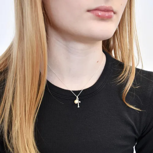 Miniatura 4 de Collar de cruz de plata de ley con perla de 0.236 in Cadena de 14 pulgadas Cruz de bautismo de ahijado Delicada joyería cristiana para primera