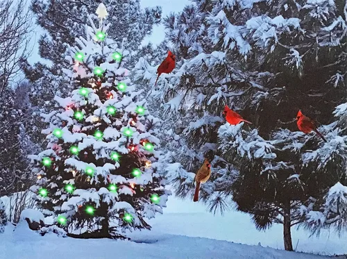 árbol de Navidad & Aves cardinales, ilustración LED de pared, Escena de nieve invierno con Bosque de pinos, imagen iluminada, arte de pared con