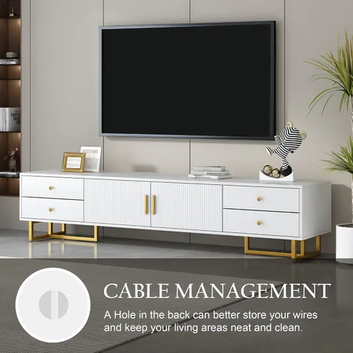Miniatura 6 de BROVAVE 71" Wave Groove TV Stand, Entertainment Center with Metal Handles, TV Media Console with Cable Storage Hole for Living Room, White Negro