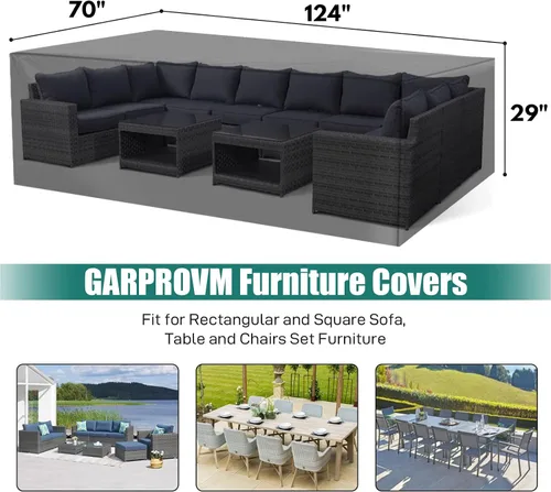 Miniatura 2 de GARPROVM Fundas rectangulares impermeables para muebles de patio al aire libre, juego de fundas rectangulares con material 600D mejorado, 4 hebillas