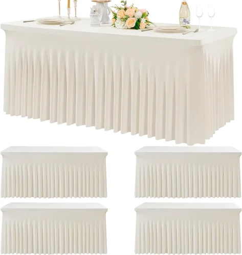 Miniatura 15 de Paquete de 2 manteles de spandex para mesas rectangulares de 8 pies, mantel elástico rosa de 8 pies, manteles ajustados, falda de mesa para fiestas