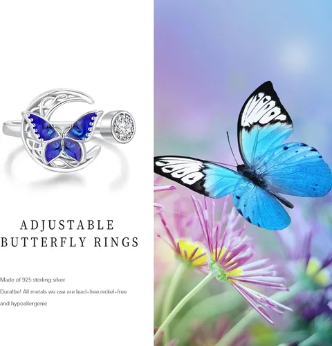 Miniatura 7 de Twoowl Anillo de mariposa de plata de ley 925 con luna celta irlandesa, regalos de joyería celta para mujeres y niñas, Plata de ley, Sin piedras