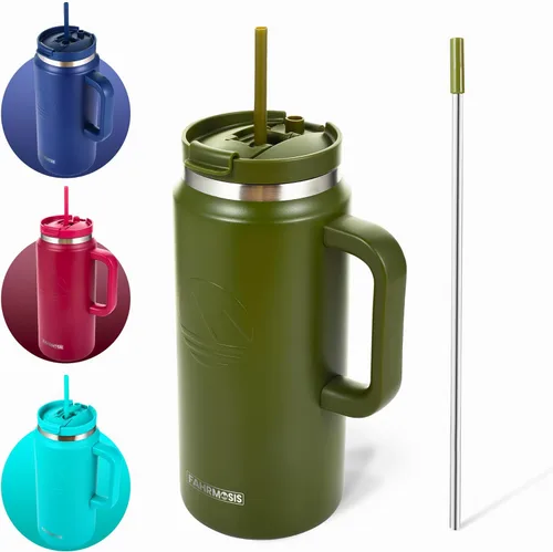 Miniatura 23 de FAHRMOSIS Vaso de 40 onzas con asa y pajita, taza aislada que cabe en el portavasos para bebidas frías y calientes, vaso a prueba de fugas