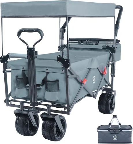 Miniatura 10 de Carro plegable con toldo extraíble y bolsa enfriadora, carrito plegable resistente con ruedas todo terreno de 4 pulgadas para campamento, playa