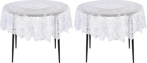 Juvale Mantel redondo de encaje, poliéster blanco de 59 pulgadas, borde festoneado, con superposición floral y decoración vintage para recepciones