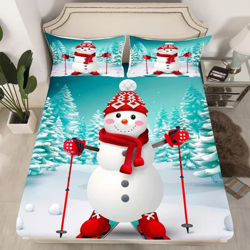 Erosebridal Juego de ropa de cama de muñeco de nieve, tamaño individual, sábana bajera ajustable de esquí kawaii para árbol de Navidad, para niños