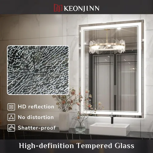 Miniatura 5 de Keonjinn Espejo LED para baño de 39.76 x 24.01 pulgadas, espejo de baño frontal y retroiluminado con luces, vidrio templado HD, 3 luces