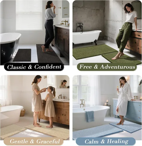 Miniatura 4 de BSICPRO Juego de alfombras de baño 2 piezas - Tapetes de baño de chenilla antideslizantes - Gruesa y suave alfombra absorbente de salvia para baño