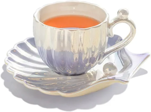Miniatura 8 de Taza y platillo Pearl Shell – Taza de café de cerámica degradada de 8 onzas, té vintage, capuchino, arte con leche para regalo de cumpleaños