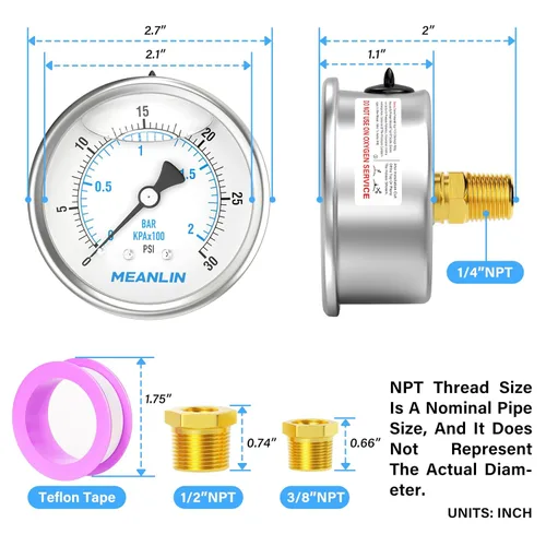 Miniatura 2 de MEANLIN MEASURE 0~30 psi Manómetro de acero inoxidable, relleno de líquido, esfera con cara de 2.5 pulgadas, NPT de 1/4 de pulgada, agua, aceite