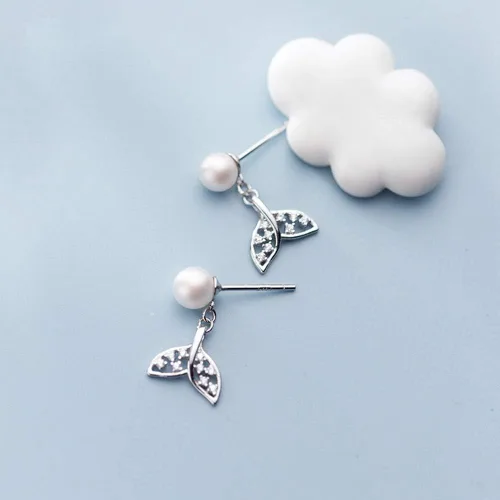 Miniatura 3 de Pendientes de tuerca de perlas de cola de sirena de plata de ley para mujeres y niñas con cristales de circonita cúbica delicada para bodas