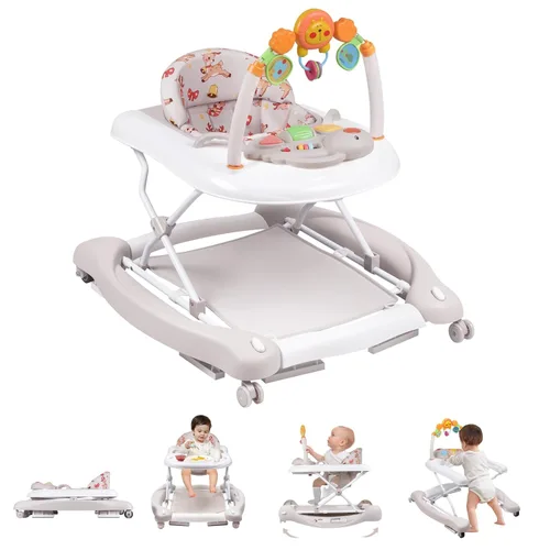 Miniatura 13 de Andador de bebé, 5 en 1 para niños y niñas de 6 a 12 meses, andadores plegables para bebés con gorila y bandeja de alimentación, música, alturas