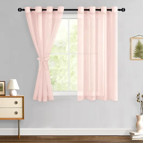 Miniatura 173 de Hiasan - Cortinas traslúcidas de gasa cortas semitransparentes con ojales y alzapaños filtrantes de luz para ventana, dormitorio, baño, 2 paneles