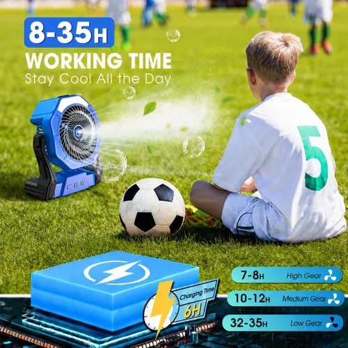 Miniatura 3 de Ausic Ventilador de camping portátil de niebla, ventilador de enfriamiento al aire libre de 8 pulgadas con luz LED, espray de agua, gancho