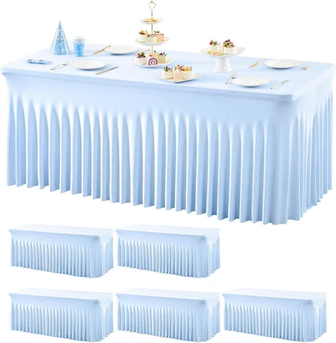 Miniatura 60 de Wish Care Paquete de 2 manteles de elastano elástico azul bebé para mesas rectangulares de 4 pies, manteles ajustables sin arrugas de 4 pies