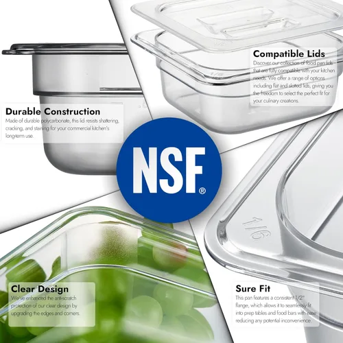 Miniatura 5 de CURTA Paquete de 6 bandejas de comida NSF, tamaño 1/6 de 2 1/2 pulgadas de profundidad, plástico de policarbonato comercial transparente apto