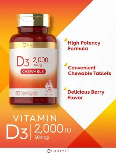 Miniatura 4 de Carlyle Tabletas masticables de vitamina D3 de 2000 UI (50 mcg) 180 unidades Sabor a bayas Vegetariano, sin OMG y sin gluten