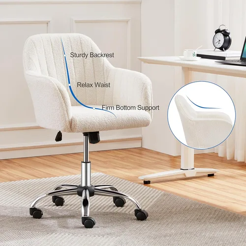 Miniatura 6 de Yaheetech Boucle - Silla de tocador de escritorio con respaldo, cómoda silla rodante de oficina con ruedas, ergonómica, altura ajustable, giratoria