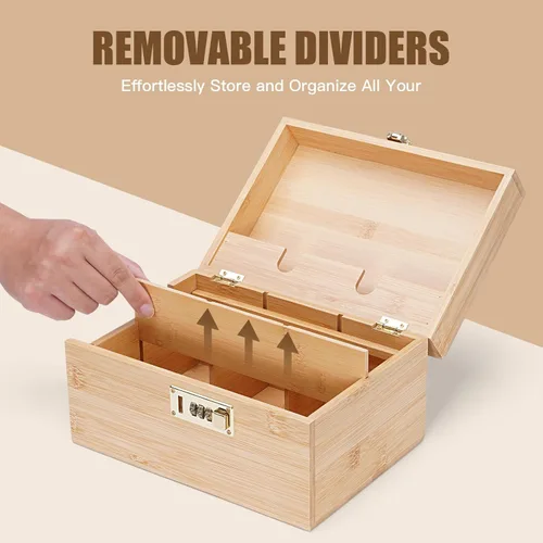 Miniatura 5 de Youpehom Caja grande de bambú, caja de almacenamiento decorativa con cerradura de combinación, caja de madera con cerradura y tapa, caja