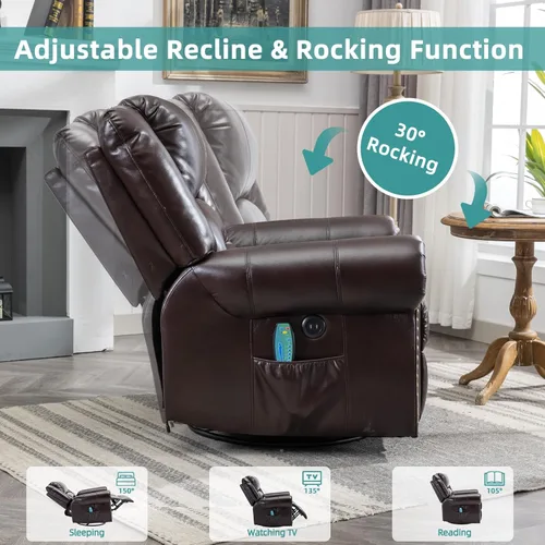 Miniatura 7 de MEETWARM Sillón reclinable giratorio de masaje con calor y vibración, mecedora manual mecedora, silla reclinable giratoria de 360° con control