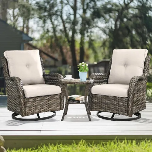 Miniatura 51 de HUMMUH Sillas Mecedoras Giratorias de Mimbre para Patio Exterior con Respaldo Alto, Sillas Deslizantes de Ratán PE, Juego de Muebles de Patio de 4