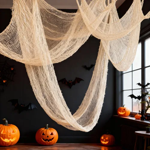 Miniatura 3 de Qtisky Juego de 5 telas de gasa espeluznante de Halloween, tapiz de gasa de Halloween beige para interiores y exteriores, decoraciones espeluznantes