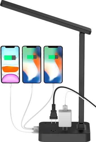 Miniatura 9 de Drevet Lámpara LED de escritorio para dormitorio universitario, luz de escritorio con 1 puerto de carga USB, 2 tomas de corriente CA, 3 modos