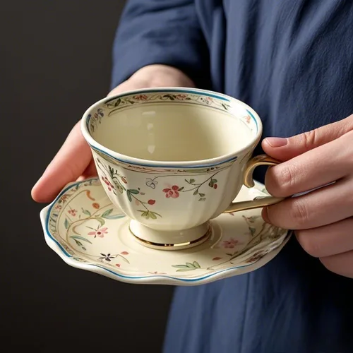 Juego de taza de cerámica de flores vintage de 8 onzas y platillo de 6 pulgadas con cuchara de acero inoxidable personalizada de marca, regalos para