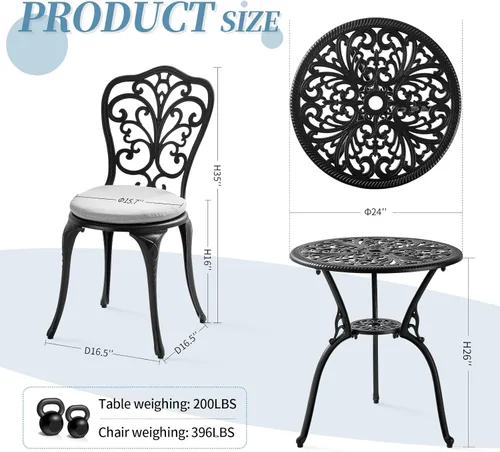 Miniatura 6 de Juego de 3 piezas de mesa de bistró para exteriores, juego de mesa de bistró para todo tipo de clima, juego de 2, muebles de comedor de patio