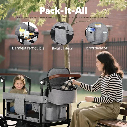 Miniatura 5 de TODEFULL Cochecito Wagon para 2 niños, carrito plegable para niños con arneses, mango doble ajustable de empuje, toldo extraíble, bandeja para Gris
