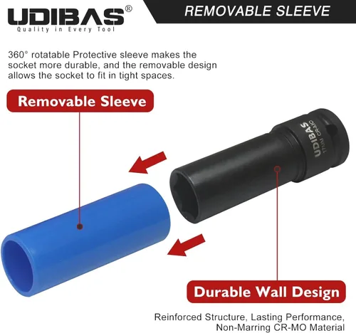 Miniatura 5 de Llave de tuerca de impacto de 17 mm de 1/2 pulgada, profunda, métrica, con fundas protectoras y material CR-MO de alta resistencia que no deja marcas