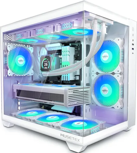MUSETEX Caja de PC ATX, 6 Ventiladores ARGB PWM Pre-Instalados, Soporte para RAD de 360MM, Caja de PC para Juegos con Type-C, Vista Completa de 270°
