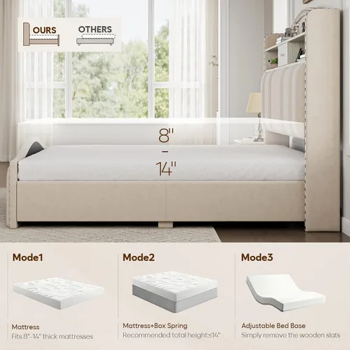 Miniatura 6 de CIKUNASI Marco de cama tamaño completo de 51.5" con cabecero y almacenamiento Marco de cama tapizado de terciopelo con luces LED y estación