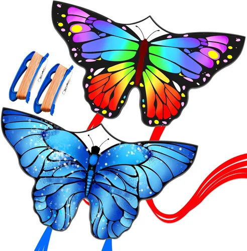 Miniatura 10 de Cometas de mariposa para niños y adultos, fácil de volar, cometa grande de una sola línea para niños y niñas, cometa de playa de 55 x 28 pulgadas