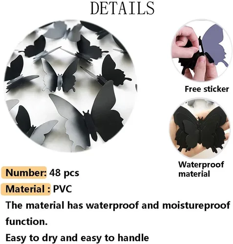 Miniatura 4 de Decoración de pared de mariposa 3D, 48 calcomanías murales extraíbles para decoración del hogar y la habitación (negro)