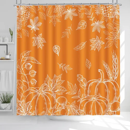 Miniatura 8 de Cortina de ducha de hojas de otoño, cortinas de calabaza para baño, cortina de baño impermeable naranja feliz otoño con ganchos para decoración, 60