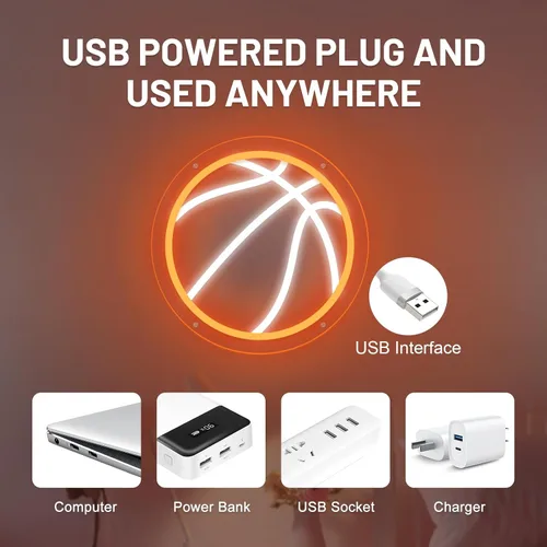 Miniatura 5 de Letrero de neón de baloncesto, 9.84 x 9.84 pulgadas, luz de neón LED de baloncesto, alimentado por USB con interruptor regulable, letrero LED