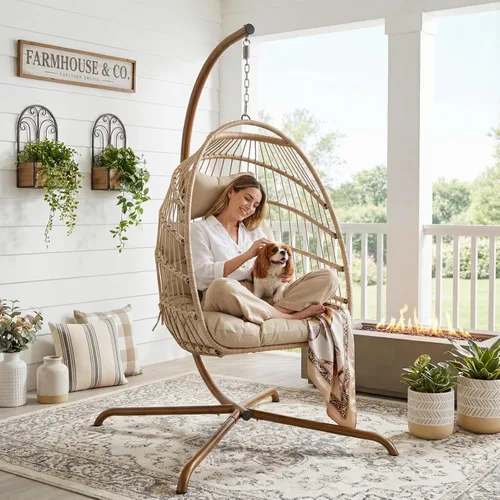 RADIATA Silla de huevo para exteriores con soporte, 350 libras, silla colgante resistente con cojín acolchado, hamaca plegable de ratán resistente a