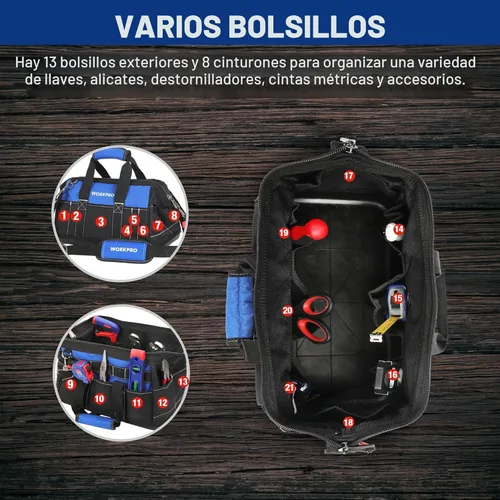 Miniatura 7 de WORKPRO - Bolso de herramientas de 16 pulgadas, con abertura ancha y base moldeada impermeable