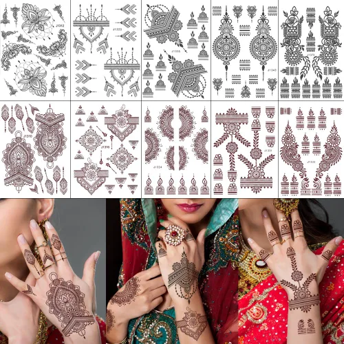 10 hojas de calcomanías temporales de henna de henna 5P negro + 5P marrón, calcomanías de tatuaje para mujeres, calcomanías de arte corporal para 5