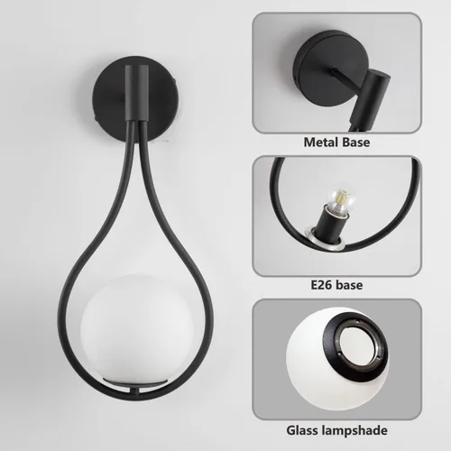 Miniatura 8 de BOKT Moderna lámpara de pared de vidrio negro apliques montados en la pared, de mediados de siglo, para dormitorio, mesita de noche, luz de pared