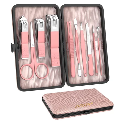 Miniatura 8 de ZIZZON Juego de manicura mini de viaje, juego de cortauñas 10 en 1 de acero inoxidable, kit de cuidado de pedicura y aseo con estuche Negro-Amarillo