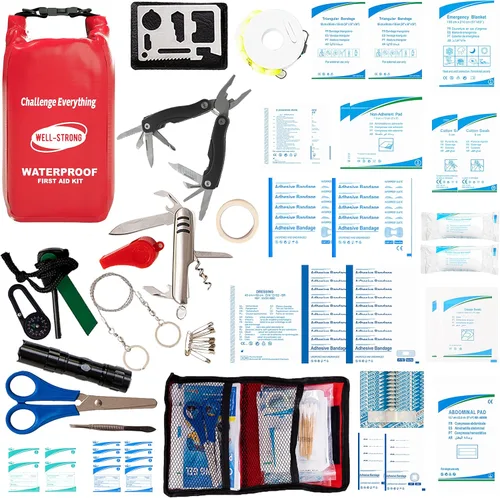 Miniatura 10 de Kit de primeros auxilios para lancha con herramientas de supervivencia, 123 piezas impermeables de emergencia con hebillas, accesorios compactos