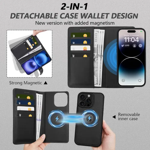 Miniatura 3 de Funda de piel sintética 2 en 1 para iPhone 13 PRO MAX, funda de piel sintética desmontable con soporte para tarjetas, funda extraíble con bloqueo