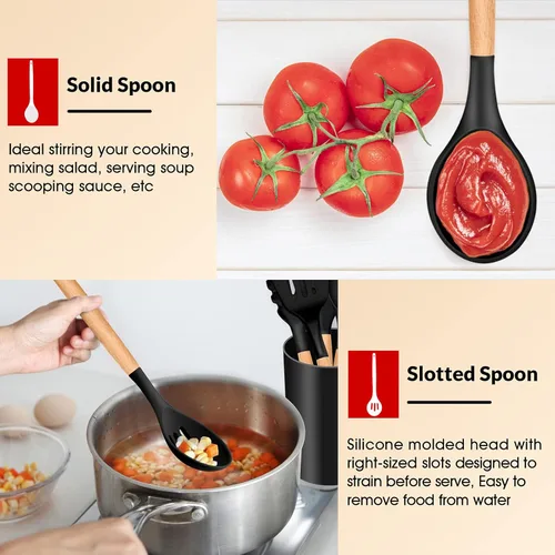 Miniatura 7 de E-far Juego de 6 utensilios de cocina de silicona con mango de madera, utensilios de cocina antiadherentes y resistentes al calor, incluye Negro
