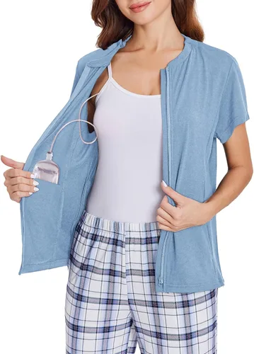 Miniatura 10 de Deyeek Camisas de mastectomía con bolsillos de drenaje Tops post cirugía de hombro para mujeres con puerto de quimio manga corta con cremalleras